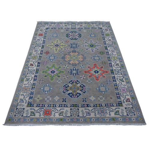 Battleship Gray, Vibrant And Soft Wool, All Over Caucasian Medallions Design, Hand Knotted Fusion Kazak, Oriental Rug