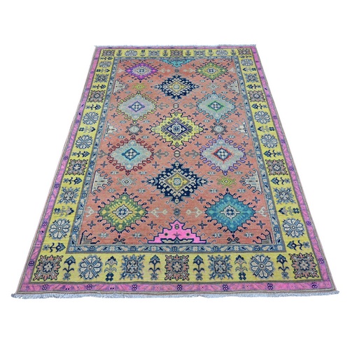 Velvet Rose Pink, Hand Knotted Colorful Fusion Kazak, Caucasian Motifs All Over Design With Shiny Wool, Oriental Rug