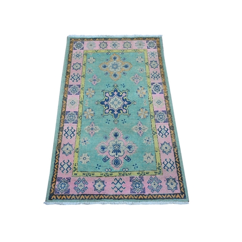 Turquoise Green And Bloom Pink, Hand Knotted Soft Wool, Fusion Kazak, Caucasian Design, Mat Oriental Rug