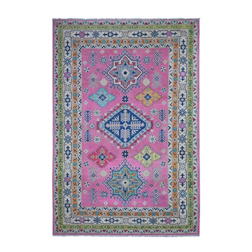Bubblegum Pink, Bright And Colorful Fusion Kazak, Multiple Borders, Pure And Velvety Wool, Hand Knotted, Caucasian Design, Oriental Rug