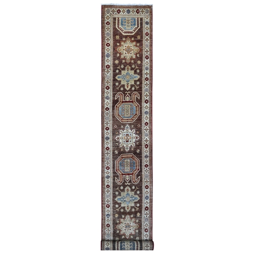 Brown Stone, Soft and Velvety Wool, Afghan Super Kazak with Large Tribal And Geometric Design, Hand Knotted Vegetable Dyes, XL Runner Oriental Rug