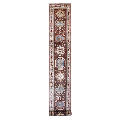 Dark Chestnut Brown With Ivory Border, Afghan Hand Knotted Super Kazak With Shiny Wool, Large Medallions, Vegetable Dyes, Oriental XL Runner Rug