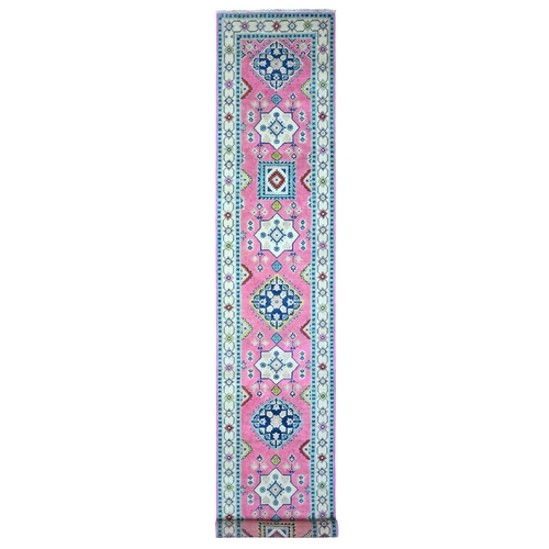 Starburst Pink, Organic Wool, All Over Caucasian Motifs Design, Fusion Kazak, Hand Knotted Runner Oriental Rug