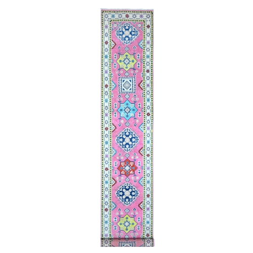 Azalea Pink, Colorful Caucasian Medallions Design, Pure And Soft Wool, Hand Knotted, Fusion Kazak, Runner Oriental Rug