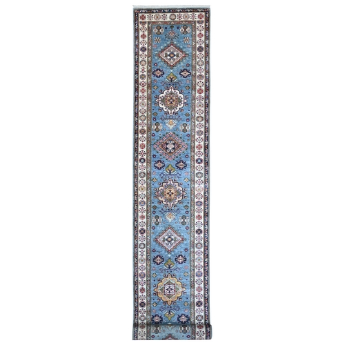 Dodger Blue With Winter White, Afghan Super Kazak With Soft And Shiny Wool, Colorful And Vibrant Geometric Design, Hand Knotted XL Runner Oriental Rug