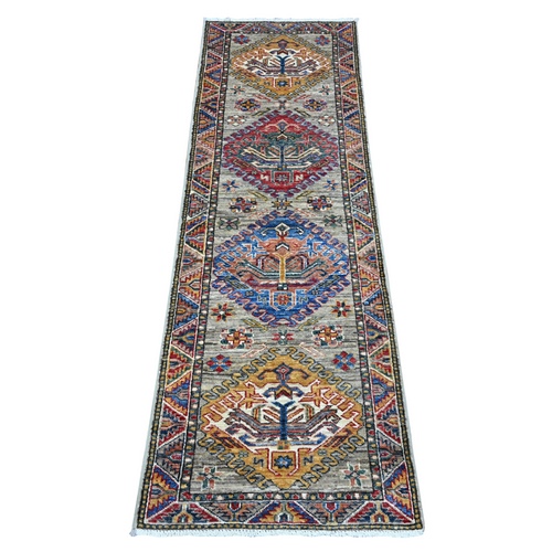 Coventry Gray, All Over Large Tribal Medallions, Hand Knotted, Soft And Velvety Wool, Colorful Afghan Super Kazak, Runner Oriental Rug