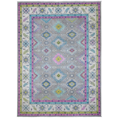 Vintage Gray, Multiple Borders, Velvety Wool, Caucasian All Over Design, Hand Knotted, Colorful, Fusion Kazak, Oriental Rug