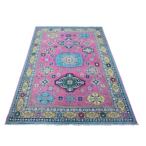 Jellyfish Pink, Extra Soft Wool, Colorful Medallions All Over, Hand Knotted, Caucasian Design, Fusion Kazak, Oriental Rug
