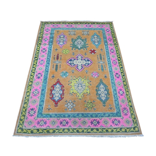 Apricot Orange, Vibrant Fusion Kazak, Caucasian All Over Design, Hand Knotted, All Natural Wool, Oriental Rug