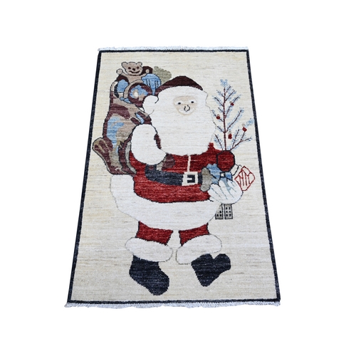 Stone White, Organic Wool, Hand Knotted, Vegetable Dyes With Narrow Black Borders, Christmas Santa Claus Design, Mat Oriental Rug