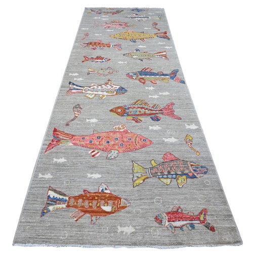 Rocky Gray, Hand Knotted Extra Soft Wool, Afghan Peshawar Oceanic Colorful Fish Design, Natural Dyes, Denser Weave Oriental Rug
