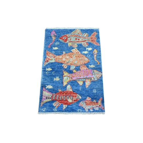 Cobalt Blue, Afghan Peshawar Oceanic Colorful Fish Design, Shiny Wool, Densely Woven Natural Dyes, Hand Knotted Mat Oriental Rug