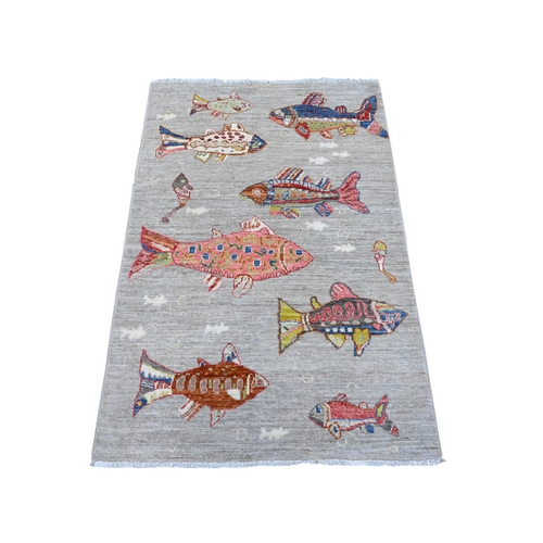 Gentle Gray, Hand Knotted Natural Dyes, Afghan Peshawar with Colorful Oceanic Fish Design, Densely Woven, Pure Wool Oriental Rug