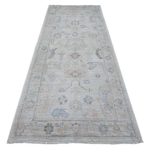 Bone Gray, Soft Pile, Natural Dyes, Hand Knotted Angora Oushak, Afghan Wool Weft, Rural Floral Motifs All Over Pattern, Wide Runner, Oriental 