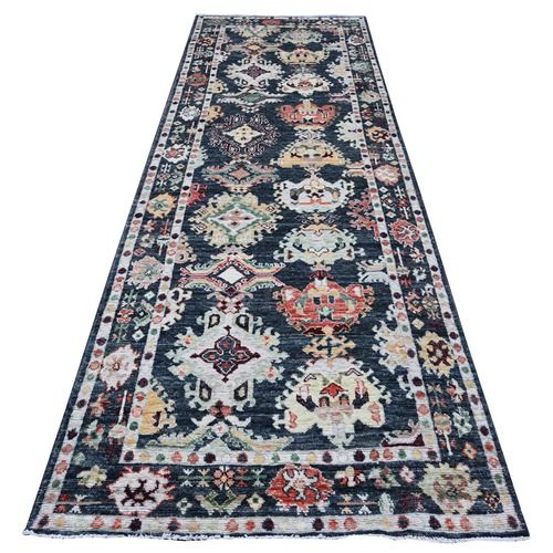 Charcoal Black, Angora Oushak Wide Runner, Hand Knotted, Vibrant Village Medallions All Over Design, Wool Weft, Afghan Vegetable Dyes, Oriental 