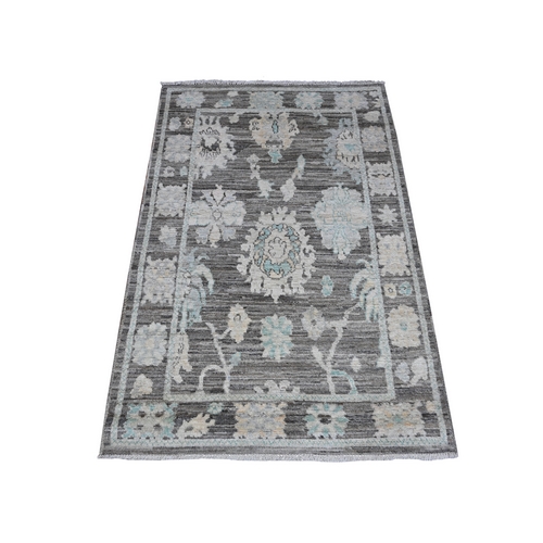 Charcoal Gray, Hand Knotted Soft Wool Weft, Vegetable Dyes, Afghan Angora Oushak With All Over Rural Floral Medallions, Oriental 