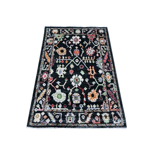Night Black, Natural Dyes, Wool Weft, Colorful And Vibrant Tribal Flower Design, Hand Knotted, Afghan Angora Oushak, Oriental Rug