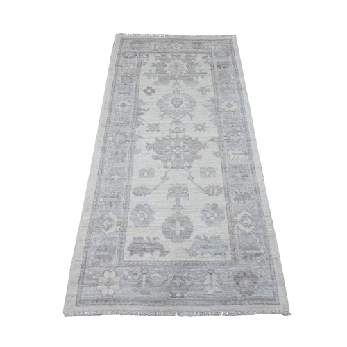 Huntington White, Soft Pile, Hand Knotted With Wool Weft, White Wash Afghan Angora Oushak, Runner Oriental Rug