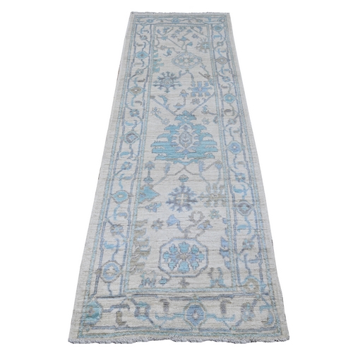 Wisp White, Vegetable Dyes With Rural Flower And Leaf Design, Hand Knotted With Wool Weft, Afghan Angora Oushak, Oriental Runner Rug