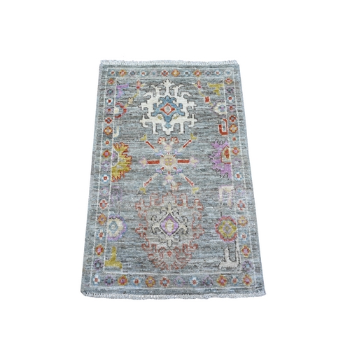 Sea Gray, Soft Pile, Hand Knotted Afghan Angora Oushak, Natural Dyes, Wool Weft, Village Motifs All Over Design, Mat Oriental Rug