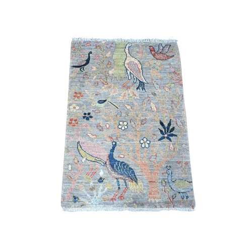 Oxford Gray, All Wool, Afghan Peshawar with Birds of Paradise Design, Hand Knotted, Vegetable Dyes, Mat Oriental Rug