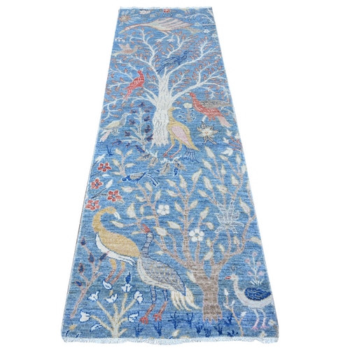 Tang Blue, Afghan Peshawar Birds of Paradise Tree of Life Design, Hand Knotted Natural Wool, Vegetable Dyes, Runner Oriental Rug