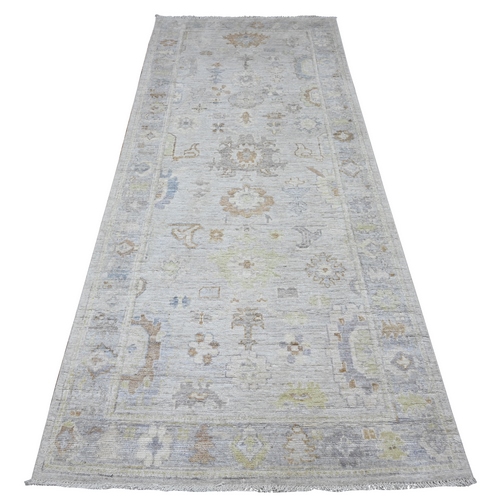 Silver Gray, Hand Knotted Afghan Angora Oushak, Wool Weft, Natural Dyes With Village Motifs All Over Design, Wide Runner Oriental Rug