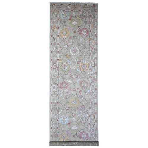 Moss Green, Soft Wool Weft, Afghan Hand Knotted Angora Oushak, Village Medallions All Over Design, Vegetable Dyes, Wide Runner Oriental Rug