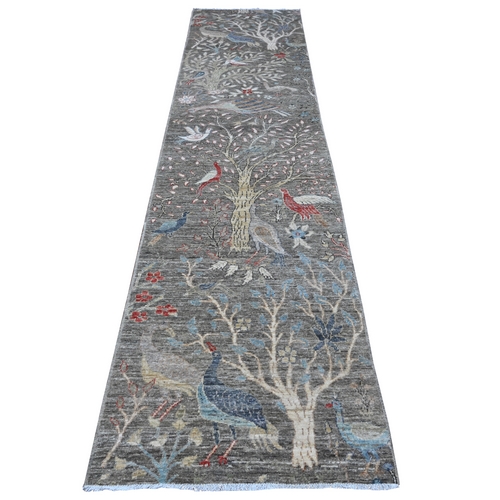 Solid Gray, Natural Wool, Afghan Peshawar with Birds of Paradise, Hand Knotted, Vegetable Dyes, Runner, Oriental Rug