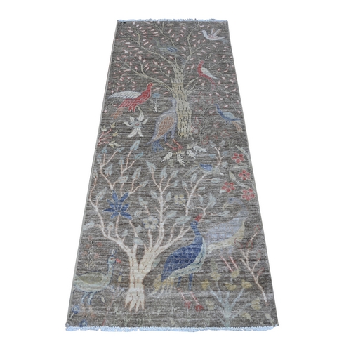 Steel Gray, Hand Knotted Natural Wool, Afghan Peshawar with Birds of Paradise, Vegetable Dyes, Runner Oriental 