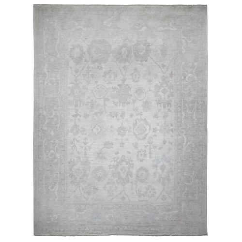 Smoke White, Wool Weft, Hand Knotted, White Wash Afghan Angora Oushak, All Over Rural Flower And Leaf Pattern, XL Oriental Rug
