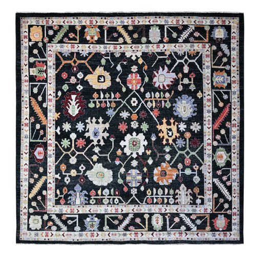 Rich Black, Hand Knotted With Colorful Tribal Flower And Leaf Design, Wool Weft, Natural Dyes, Afghan Angora Oushak, Square Oriental Rug