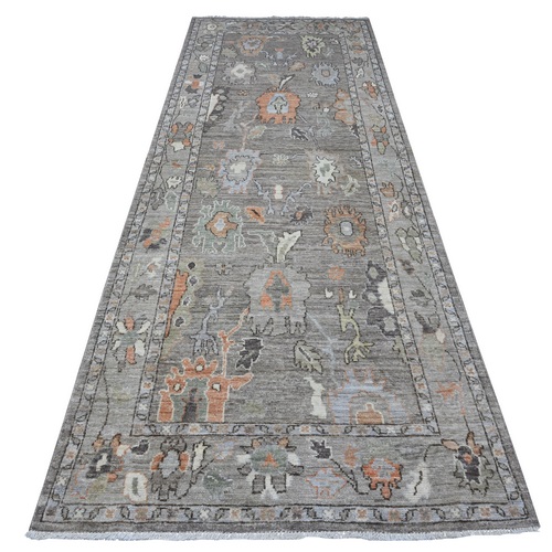 Echo Gray, Natural Dyes, Hand Knotted Wide Runner, Afghan Angora Oushak, Tribal Flower And Leaf Design, Wool Weft, Oriental Rug