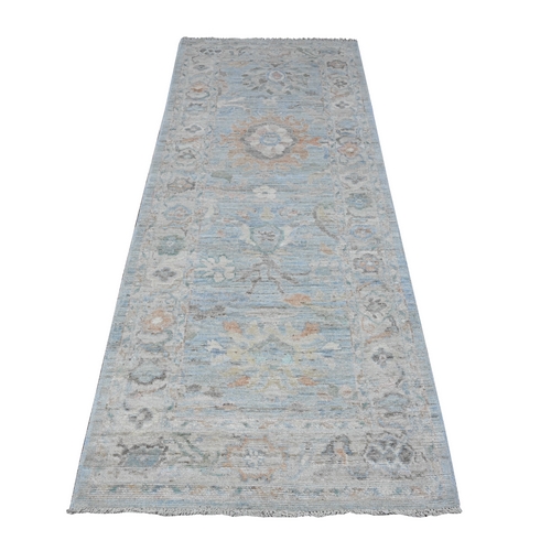 Air Force Blue, Wool Weft With Vegetable Dyes, Hand Knotted, Afghan Angora Oushak, Tribal Floral All Over Pattern, Runner Oriental Rug