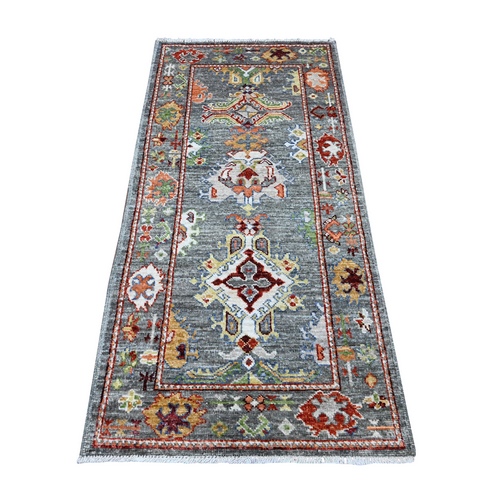 Dim Gray, Hand Knotted Afghan Angora Oushak, Wool Foundation, Colorful And Vibrant All Over Village Motifs, Vegetable Dyes, Runner Oriental Rug