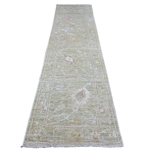 Asparagus Green, All Over Tribal Flower And Leaf Design, Hand Knotted, Vegetable Dyes, Wool Weft, Afghan Angora Oushak Runner, Oriental Rug