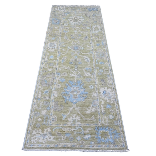 Moss Green, Natural Dyes, Hand Knotted With Rural Floral All Over Design, Wool Weft, Afghan Angora Oushak, Runner Oriental Rug