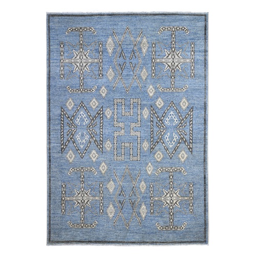 Queen Blue, Vegetable Dyes, Hand Knotted, Berber Influence, Densely Woven, Snowflake Geometric Design Peshawar Oriental Rug