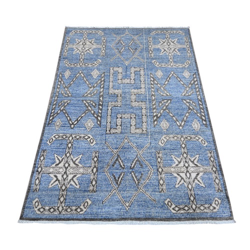 Medium Sapphire Blue, Hand Knotted Peshawar, Denser Weave, Berber Influence, Snowflake Geometric Design, Natural Dyes, Oriental Rug
