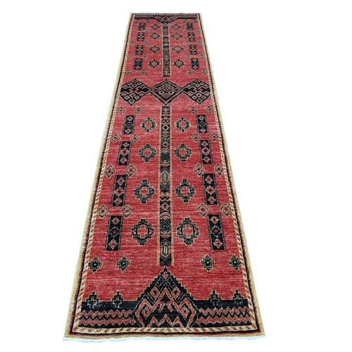 Indian Red, Pure And Soft Wool, Densely Woven, Hand Knotted Geometric Pattern, Peshawar With Berber Influence, Vegetable Dyes, Runner Oriental Rug