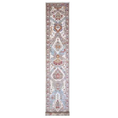 Frost White, Hand Knotted, Vegetable Dyes, Fine Aryana Peshawar With Geometric Leaf Design, Extra Soft Wool, Large Runner Oriental Rug