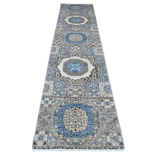 Thunder Gray, Hand Knotted All Wool, Vegetable Dyes, Aryana Collection With Mamluk Design, All Over Large Geometric Medallions, Runner Oriental Rug