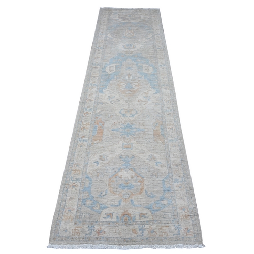 Ice Cube Gray, All Natural Wool, Vegetable Dyes, Fine Aryana Peshawar With All Over Geometric Leaf Design, Hand Knotted Runner Oriental Rug