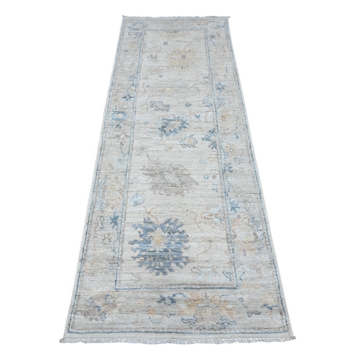 Platinum Gray, Hand Knotted, Wool Weft, Vegetable Dyes, Tribal Floral All Over Design, Afghan Angora Oushak, Oriental Runner Rug