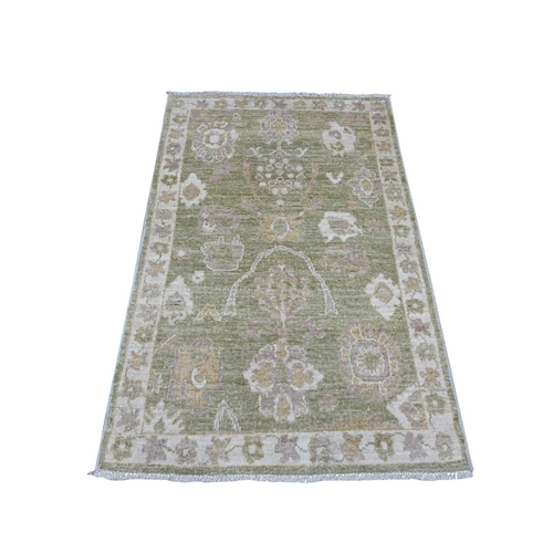 Pickle Green, Wool Foundation, Afghan Angora Oushak With Village Medallions All Over Design, Hand Knotted, Natural Dyes, Oriental Rug