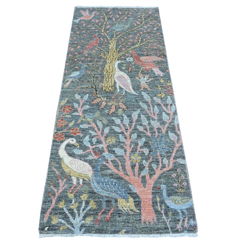Slate Gray, Hand Knotted, Extra Soft Wool, Afghan Peshawar with Birds of Paradise, Natural Dyes, Runner Oriental Rug