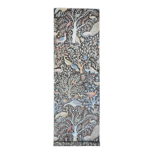 Hailstorm Gray, Soft and Velvety Wool, Afghan Peshawar with Birds of Paradise, Natural Dyes, Hand Knotted Wide Runner Oriental 