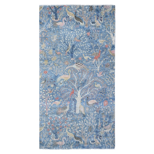 Cerulean Blue, Birds of Paradise Afghan Peshawar Design, Vegetable Dyes, Pure Wool Hand Knotted, Wide Runner Oriental 