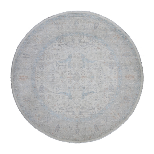 Promenade White, Washed Out Fine Peshawar Pure Wool All Over Mahal Design, Hand Knotted Round Oriental Rug