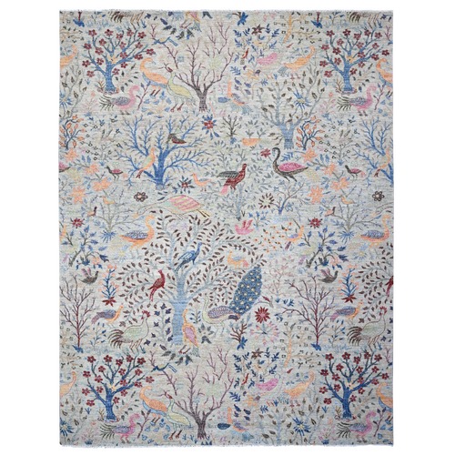 Goose Gray, Birds of Paradise Tree of Life Afghan Peshawar, All Wool, Hand Knotted, Vegetable Dyes, Oriental Rug